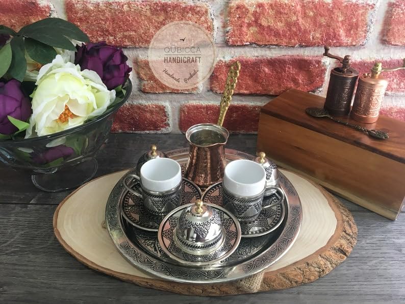 OHVVGN Turkish Coffee Set, Turkish Coffee Cups and Copper Coffee Pot