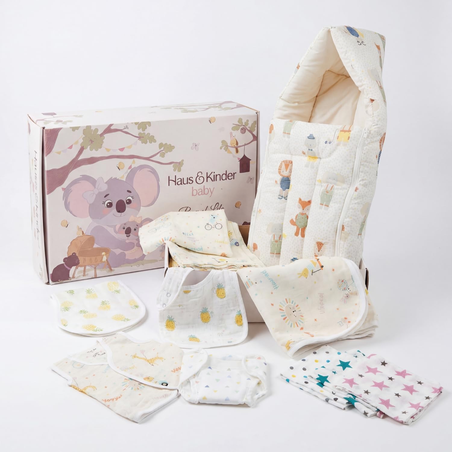 haus & kinder Newborn Baby Shower Gift Set (Pack of 10) | 100% Cotton New Born Baby Essentials Kit with Swaddle, Muslin Blanket, Carrier Nest | Jungle Edition-image-27
