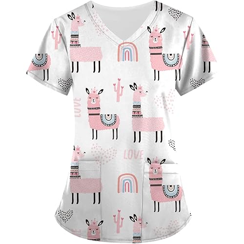 Women's Animal Printed Scrub Tops Plus Size V-Neck T Shirts Workwear Nurse Uniform Tee with Pockets