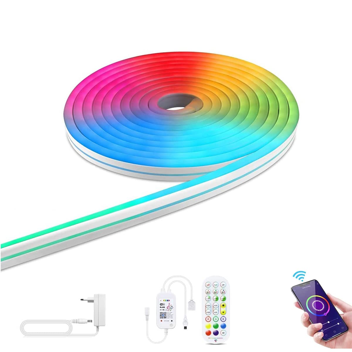 Strisce LED RGB Neon Strip con Telecomando, Controllo App, Sincronizzazione Musica, Funziona con Alexa Google Assistant, Fascia Luminosa DIY Impermeabile IP65 Per Interni Esterni Decorativa,16.4 ft