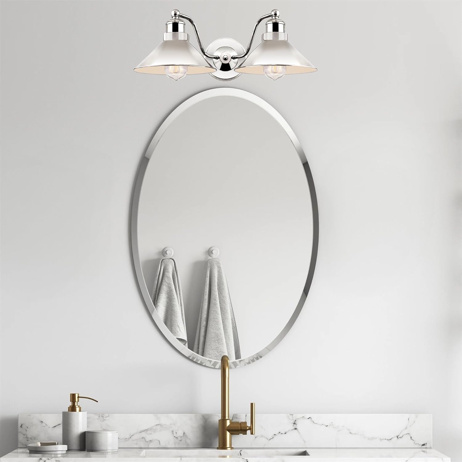 Kira Home Welton 19" 2-Light Modern Farmhouse Vanity Light with Dual Funnel Shades, Industrial Wall Sconce Bathroom Light, Polished Nickel Finish