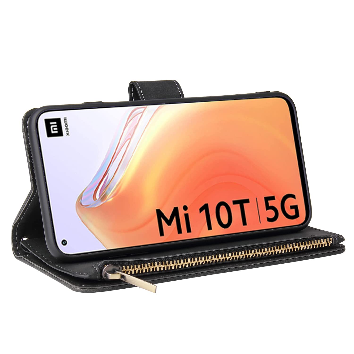 Asuwish Cover Portafoglio Per Xiaomi Mi 10T / Mi 10T Pro 5G Con Pellicola E Catena - Custodia In Pelle Con Supporto, Portacarte, Nero