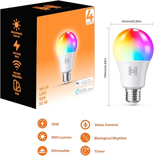 Miniatura 8 de Paquete de 4 bombillas inteligentes, LED A19 que cambian de color (800 lúmenes), WiFi y Bluetooth, sincronización de música, compatible con Alexa y
