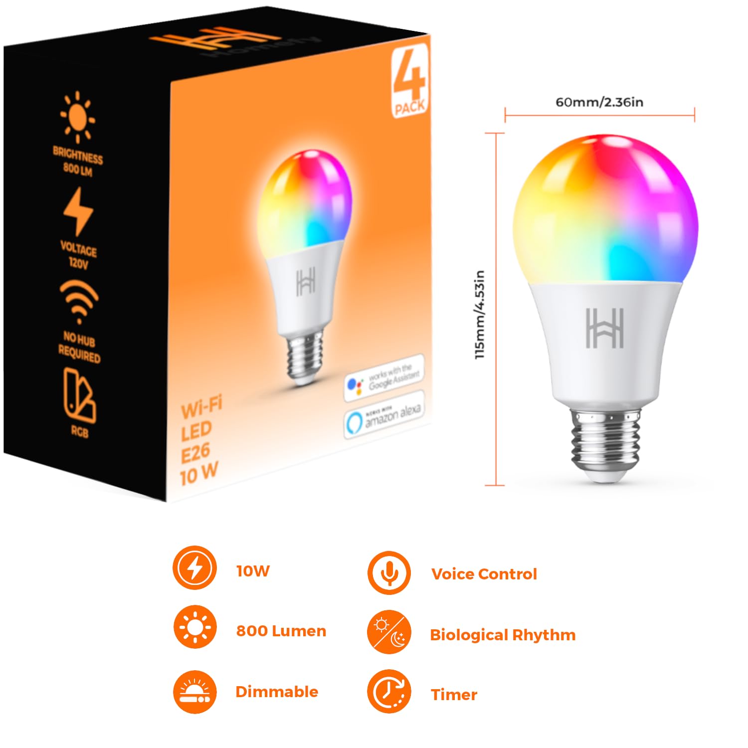 Essentials - foco inteligente, cambio de color, 800 lm, A19, WiFi Alexa y Google Assistant compatible
