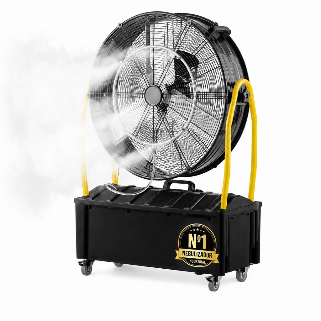 Ventilador Industrial Nebulizador de Pie con Depósito de Agua 25L, Motor 300W, 3 Aspas, 3 Velocidades, Diámetro 65 cm, Flujo 9870 m³/h, Cabezal Orientable, Ruedas Multidireccionales