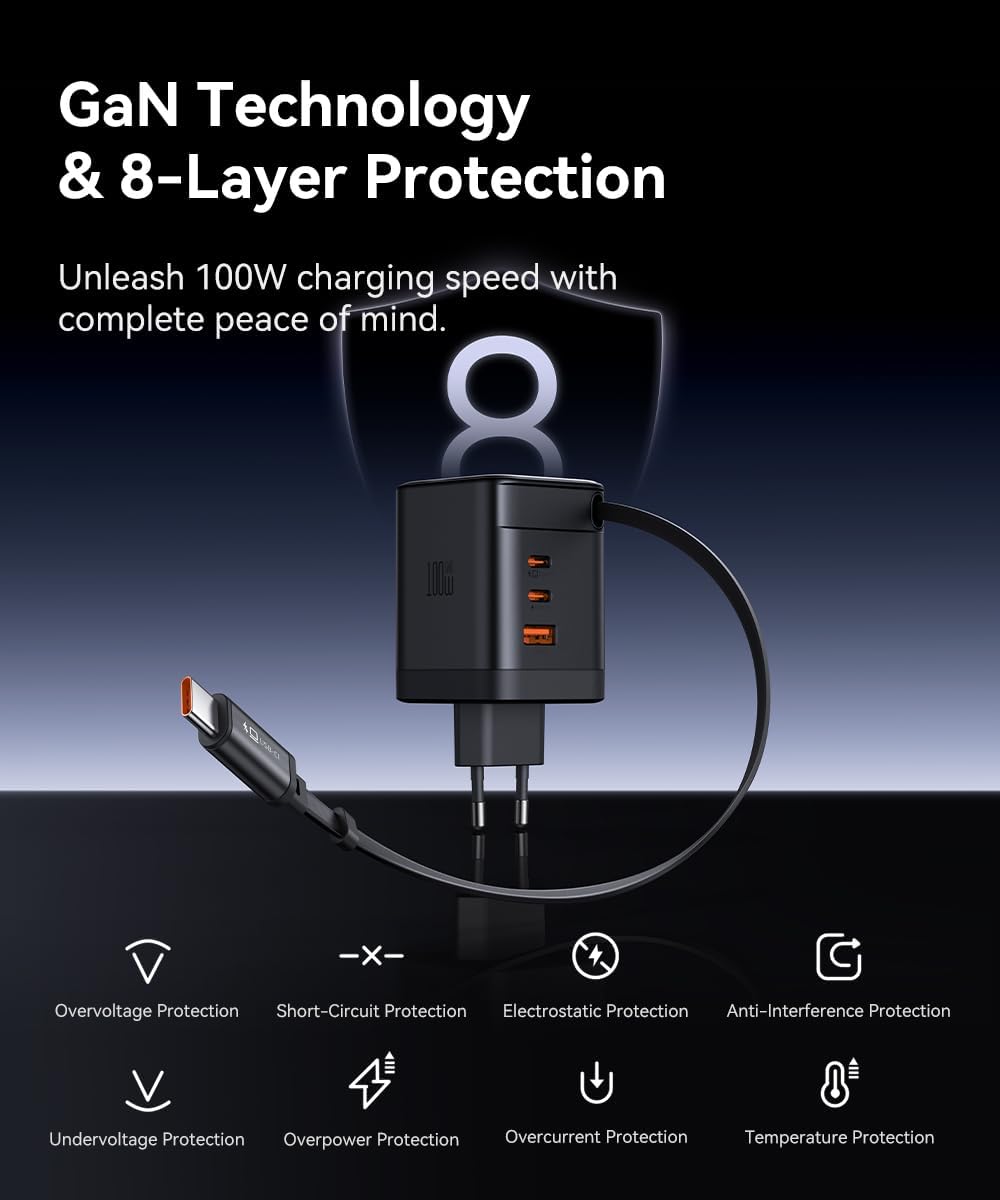 Mcdodo 100W Caricatore USB C con Cavo Retrattile, Alimentatore GaN 4-Porte Caricatore Veloce con Cavo Retrattile da 70cm per MacBook Pro/Air, iPhone 17/16/15/14, Galaxy S25/S24, iPad Pro, Steam Deck