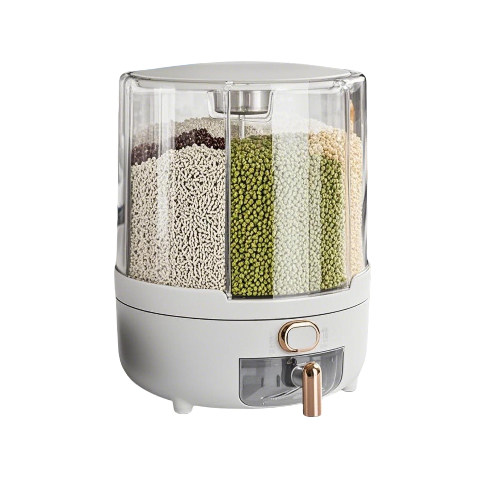 Grain Dispenser with 360° Rotating 6 Grids | One-Click Pantry Organizer | BPA-Free Clear Airtight Container for Rice, Cereal, Millet, Beans & Coffee | Dispensing Cereal & Kitchen Storage Container