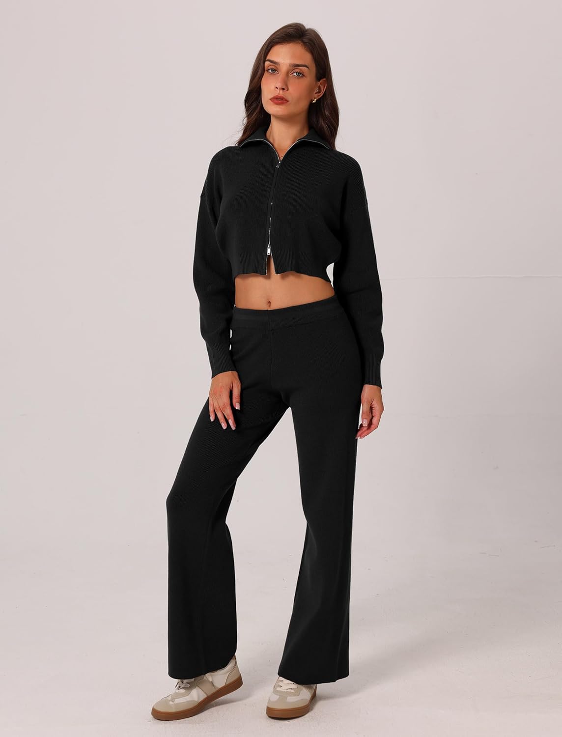 ABOCIW Women's 2 Piece Outfits Ribbed Knit Zip Up Cropped Sweatshirt Wide Leg Pants Sweater Set Sweatsuit - Image 3
