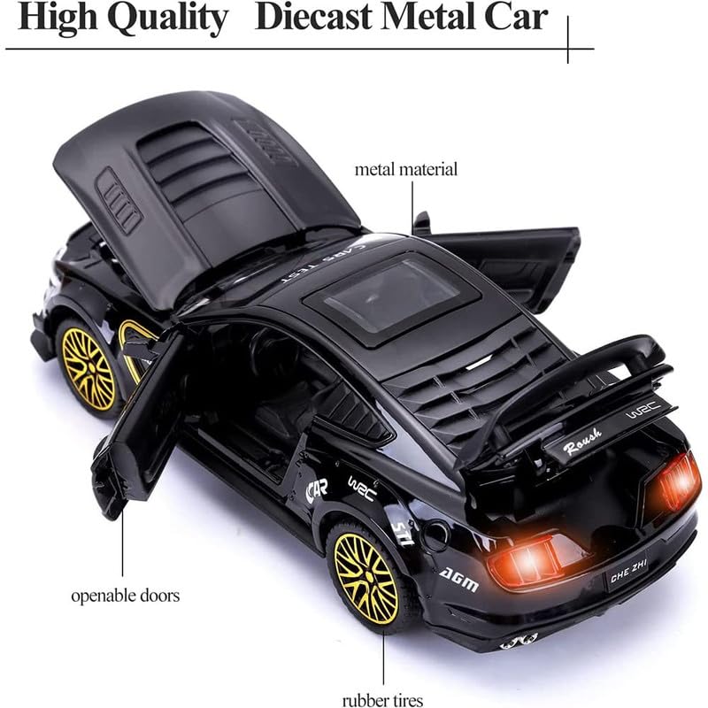 Image of PINQUE Kids New Car 1:32 Mastang Diecast Alloy Metal Pull Back Car with Openable Doors Music Sound and Light Vehicle Toy Car for Boys (Black)