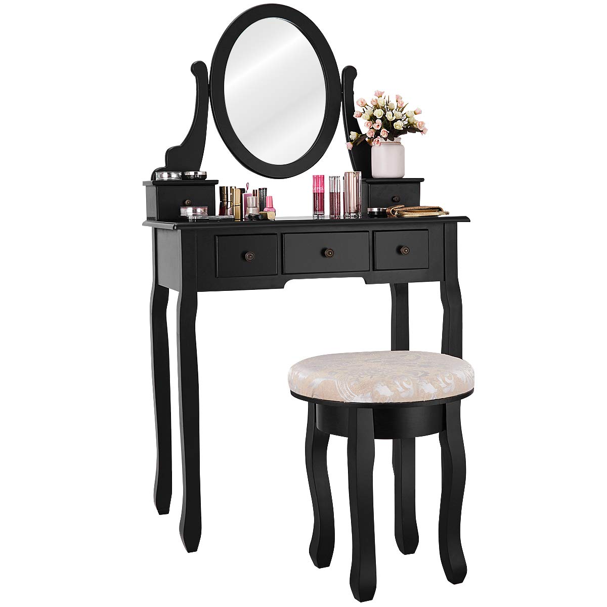 GOFLAME Vanity Set, Makeup Dressing Table Set with 360°Rotating Mirror with 5 Drawers, Dresser Soft Cushioned Stool for Comfortable Sitting, Solid Wood Legs for Strong Construction, Black-image-30