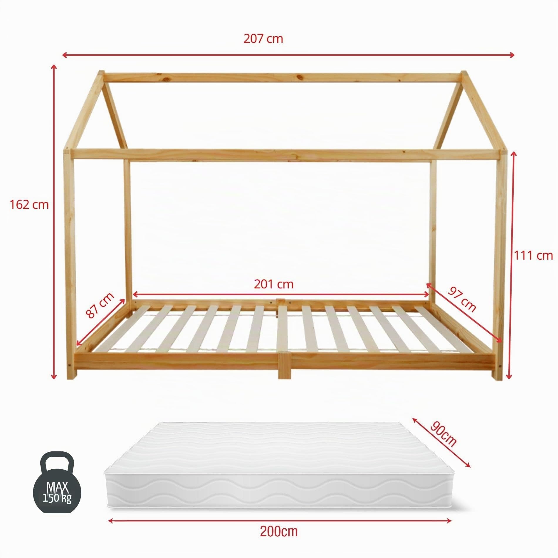 Rebecca Mobili Letto Montessori Bambini, Lettino Cameretta Bambini, Forma Casetta, Legno Di Pino, Design Nordico, Rete Con Doghe 90 x 200 cm - Art. RE6763