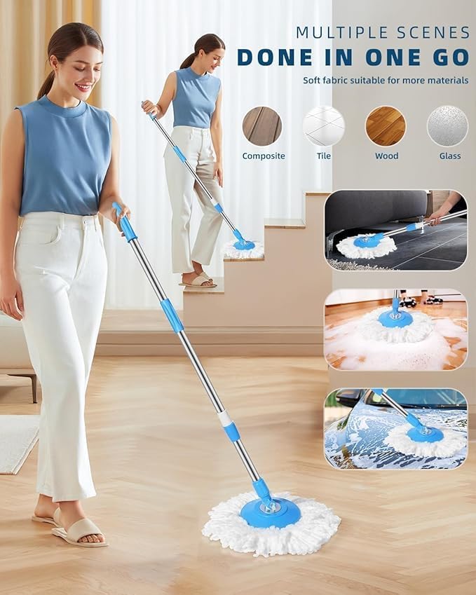 Image of Spin Mop with Extendable Handle, Multi-Surface Floor Cleaning System, Blue and White, Microfiber Pad, Rotating Head for Home, Kitchen