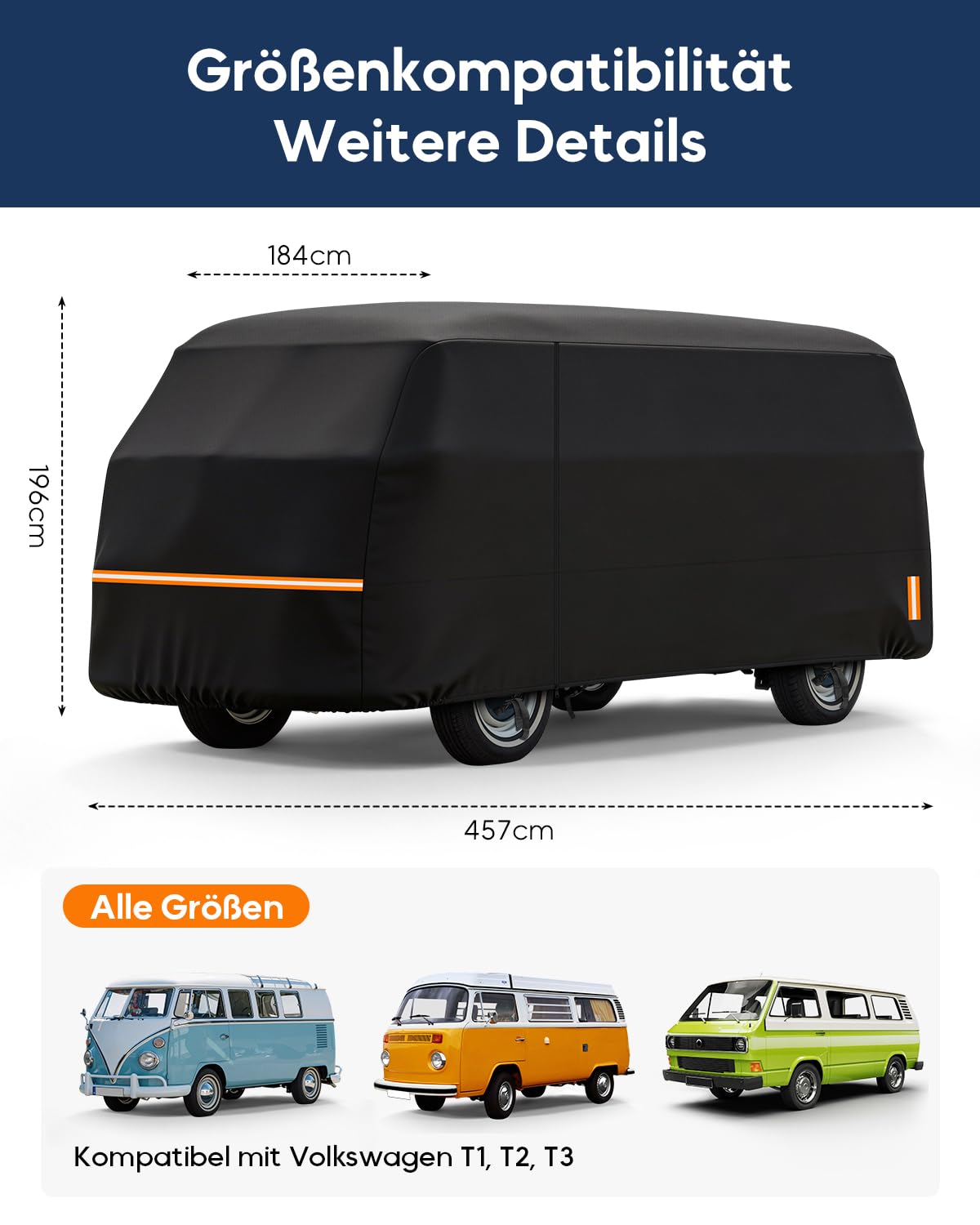 Wohnmobilabdeckungen für VW T1 T2 T3, 420D Oxford Gewebe Wohnwagen Abdeckung, Wasserdicht, PU-Atmungsaktiv, UV-Beständig, 457 × 184 × 196 cm, Passend Für Eine Reihe Von Campervans