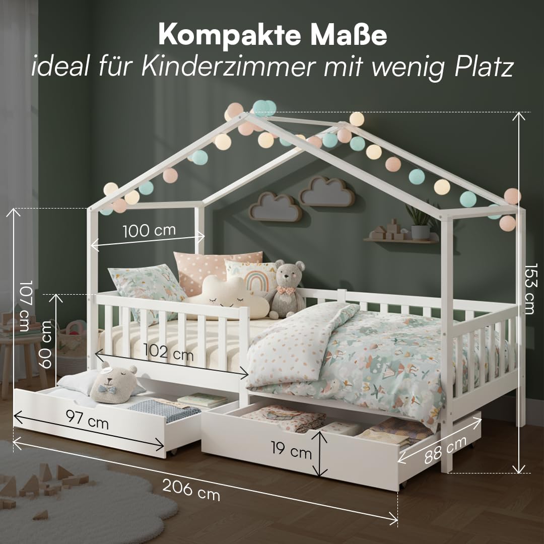 Bellabino Bia Kinderbett 90x200 cm Hausbett mit Rausfallschutz Lattenrost 2 Schubladen Montessori Bett Massivholz Kiefer Weiß