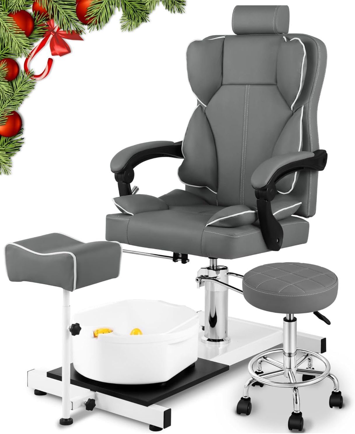 Reclining Pedicure Chair No Plumbing for Nail Tech,with Adjustable Footrest and Massage Bath Bowl,Rolling Pedicure Stool,360 Rotation Portable Pedicure Station,Silla para Pedicure Professional