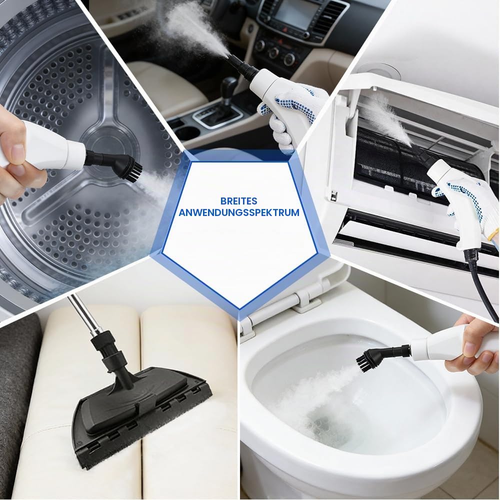 Tragbarer Dampfreiniger, 2500W Dampfreiniger Handgerät, Handdampfreiniger mit 1100ML Wassertank und 3 Bürstenköpfen, Hochdruck Dampfreiniger für Küche, Badezimmer, Auto, Teppiche (Weiß)