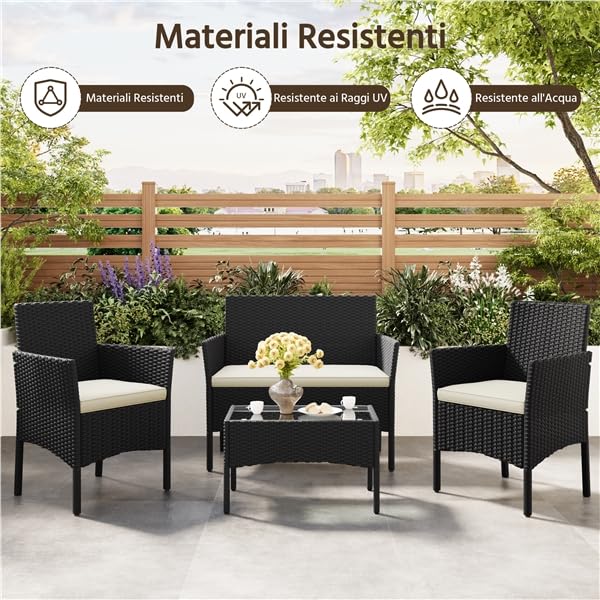 Yaheetech Set da Giardino in Rattan, 4 Posti, con divano a 2 posti, 2 sedie, tavolo e cuscini per seduta resistente alle intemperie, Salotto da Siardino Esterno, per Terrazza Balcone Patio
