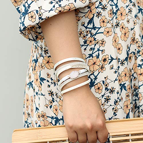 Fancy Shiny Leather Wrap Bracelet Boho Cuff Bracelets Crystal Bead Bracelet With Clasp Jewelry Gifts For Women Teen Girls(14.7", White) #TOP6