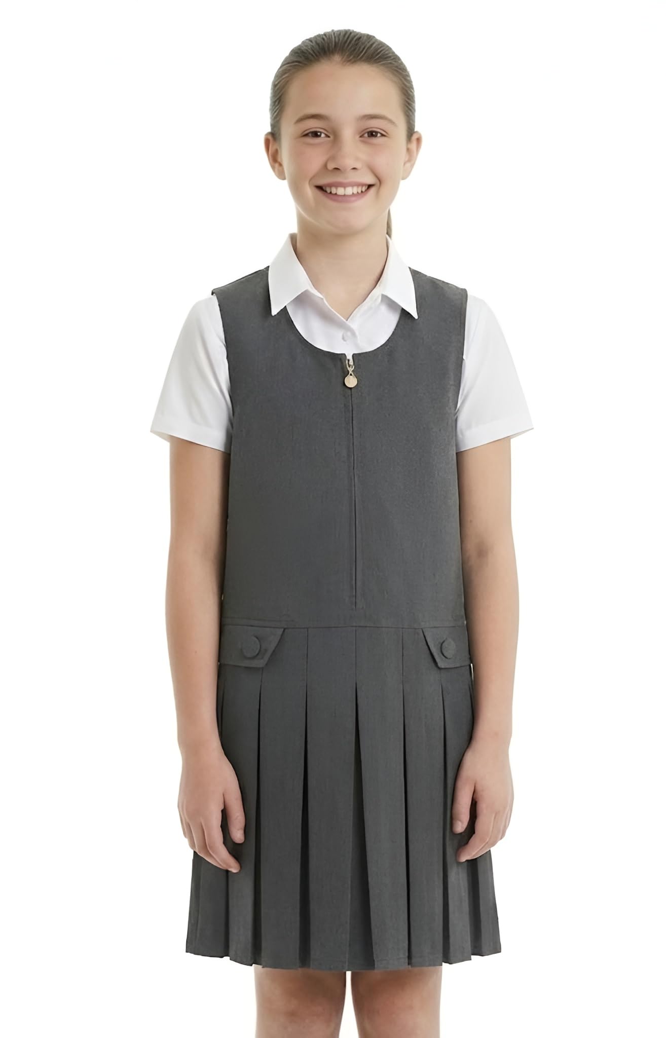 Girls School Pinafore Dress Box Pleated Skirt (13-14 Years, Grey)