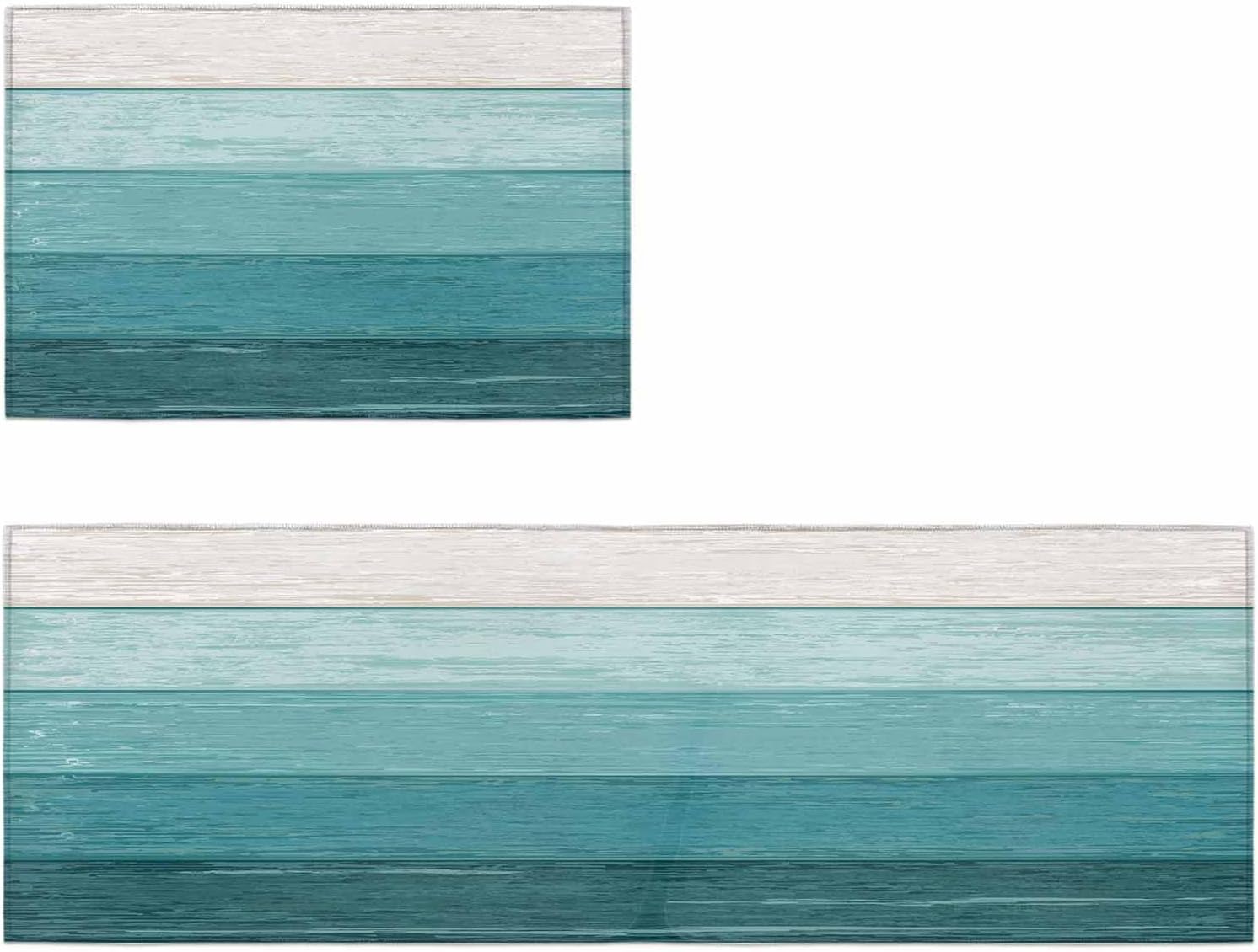 Kitchen Mats for Floor Rustic Teal White Ombre Wood Grain Washable Non Slip Kitchen Rugs 2PCS, Vintage Farm Wooden Plank Absorbent Standing Mats for Sink Office Living Room 15.7x23.6in+15.7x47.2in