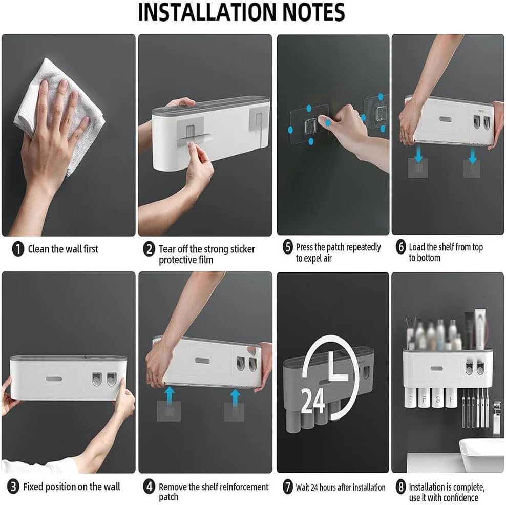 Bathroom Toothbrush Holder With Dual Automatic Toothpaste Dispenser Squeeze Kit, 2/3/4/5 Cup Wall Mounted Toothbrush Holder, 6 Brush Slots, Large Capacity Tray, Cosmetic Drawer,3cups