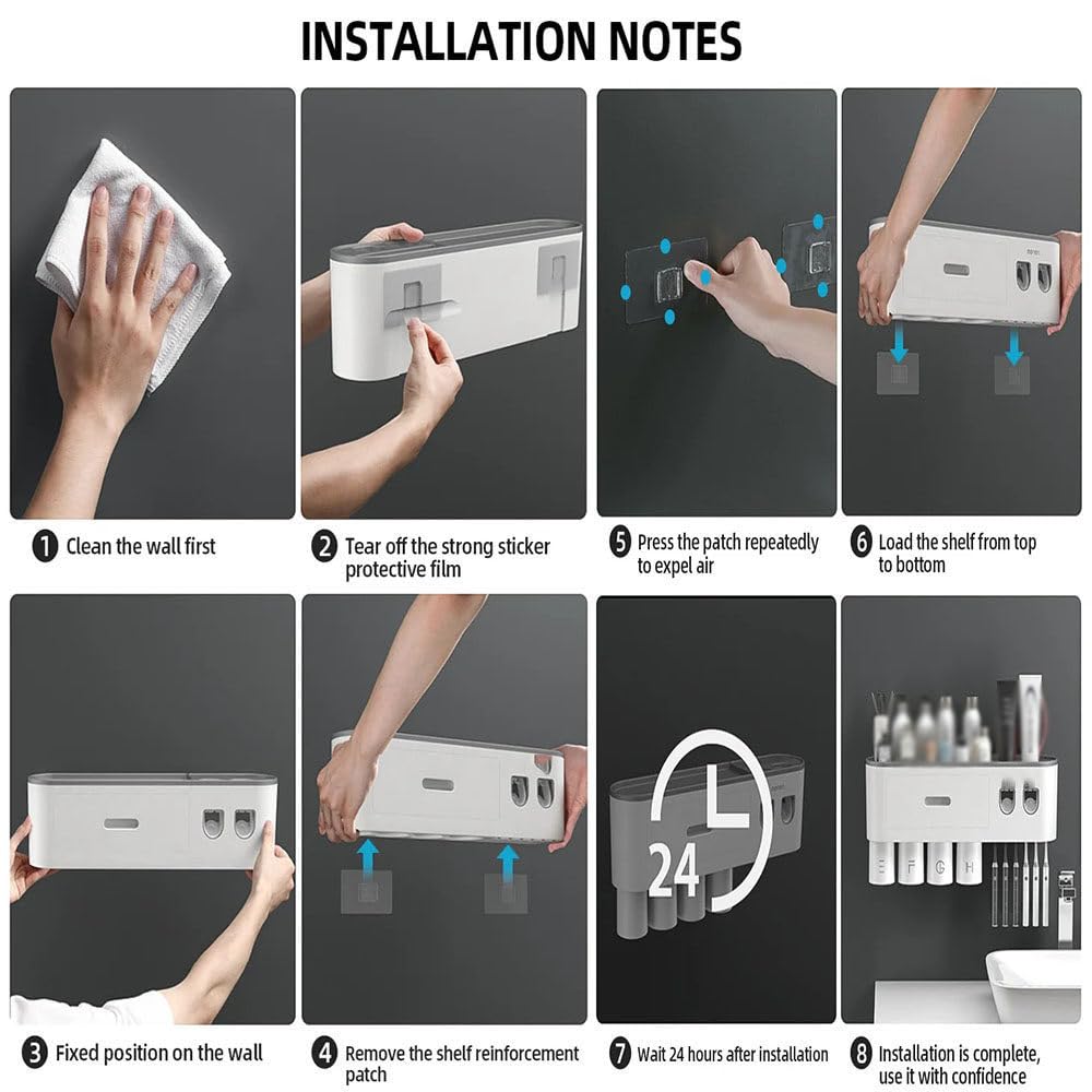 Soporte para Cepillo De Dientes De BañO con Dispensador AutomáTico Doble De Pasta De Dientes, Soporte para Cepillo De Dientes Montado En La Pared para 2/3/4/5 Tazas, 6 Ranuras para Cepillos,3cups