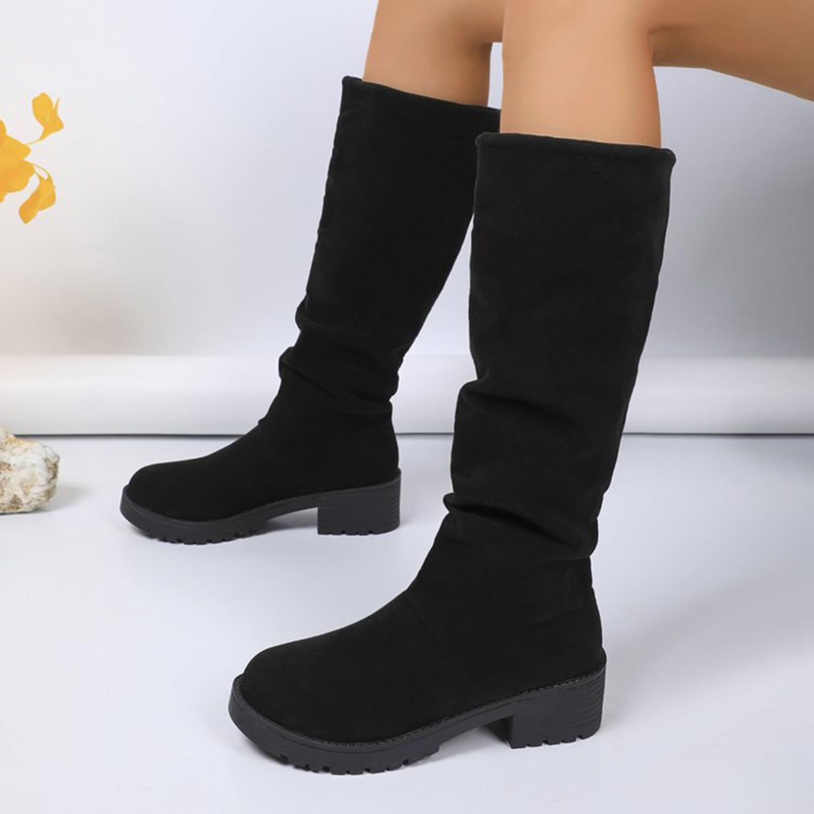 Generisch Kniehohe Stiefel Damen Blockabsatz Langschaftstiefel Rutschfest Hohe Schlupfstiefel Dicker Sohle Halbstiefel Runde Herbst Winter Schlupfschuhe Outdoorschuhe Winterstiefel Overknees Stiefel