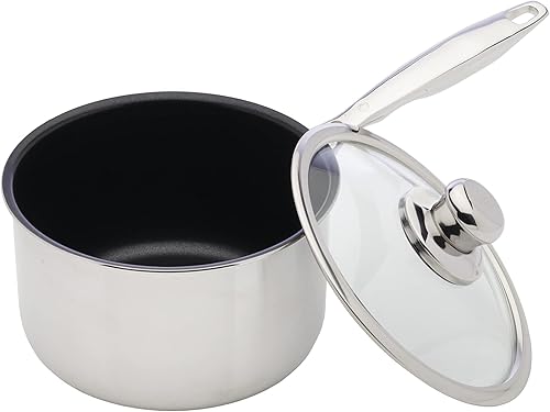 Swiss Diamond Cacerola antiadherente de acero inoxidable de 2.6 cuartos de galón, sartén compatible con inducción con tapa de vidrio templado, apto