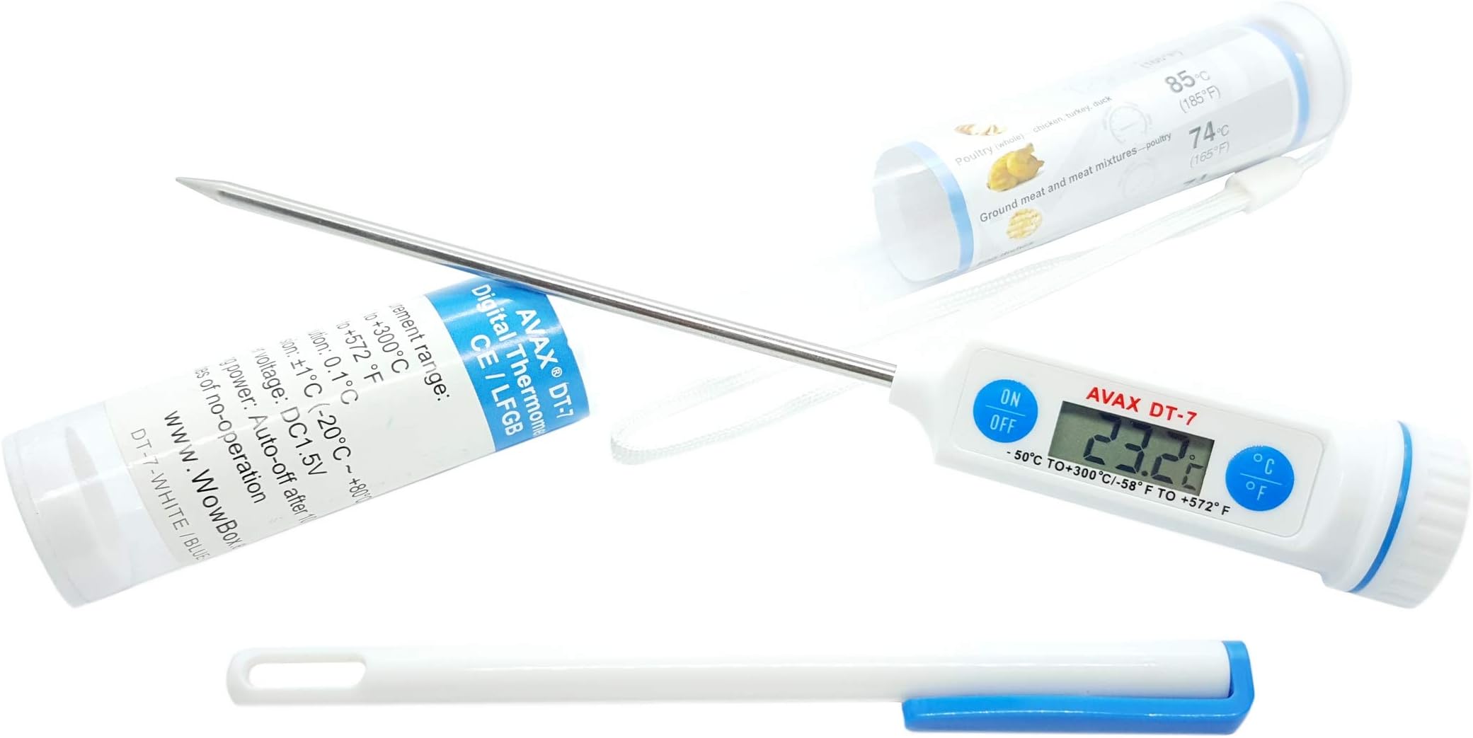 AVAX DT-7 Digital Food Thermometer LCD, Meat Thermometer, Kitchen Cooking Probe, Temperature range: -50C to 300C / -58F to 572F (White-Blue)