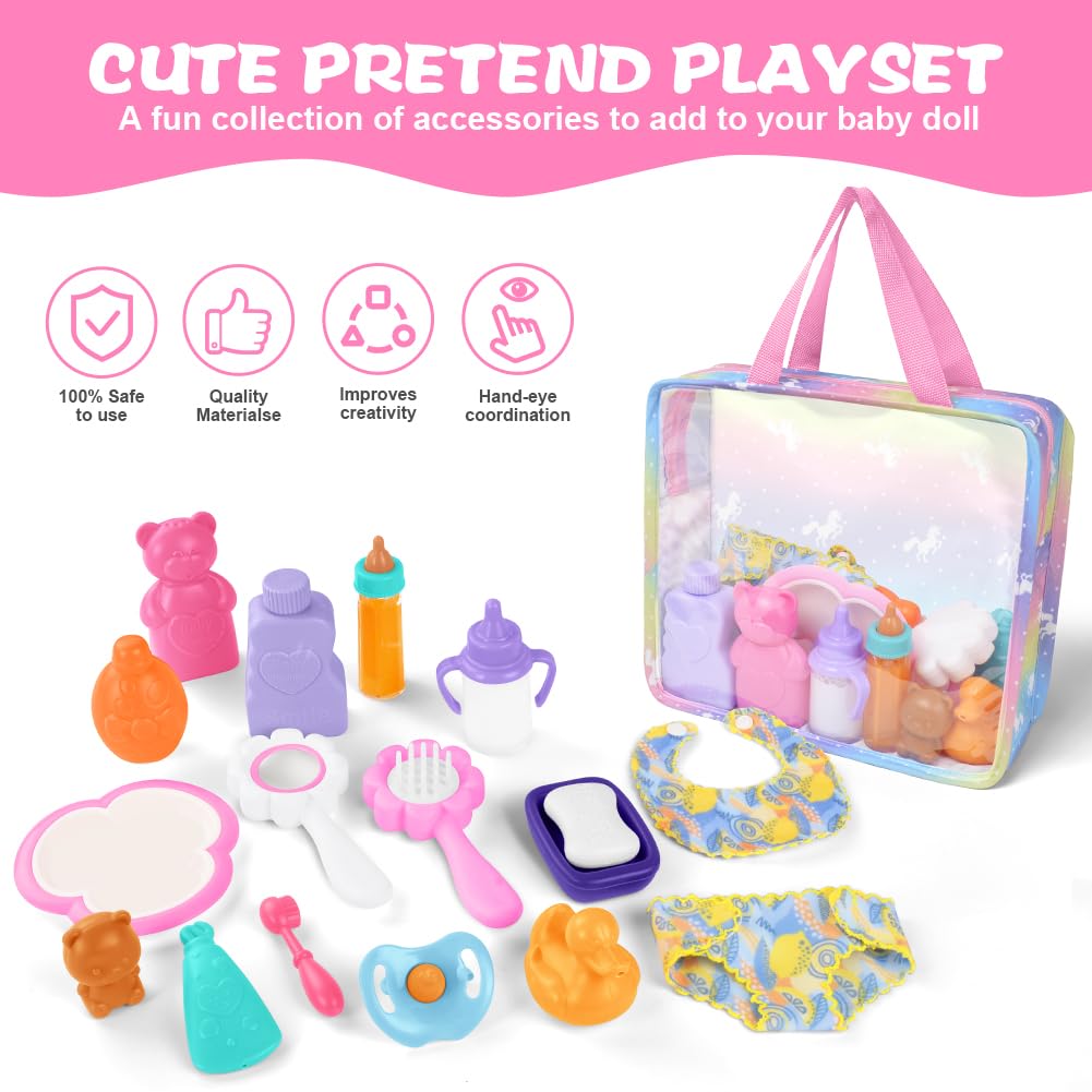 Aolso 18PZ Accessori per Bambole, Biberon Magico per Bambini e Ciucci, Set di Piatti e Posate per Bambole, Set Accessori Bagno per Bambola, dal Momento della Pappa a Quello del Bagnetto, Idee Regalo