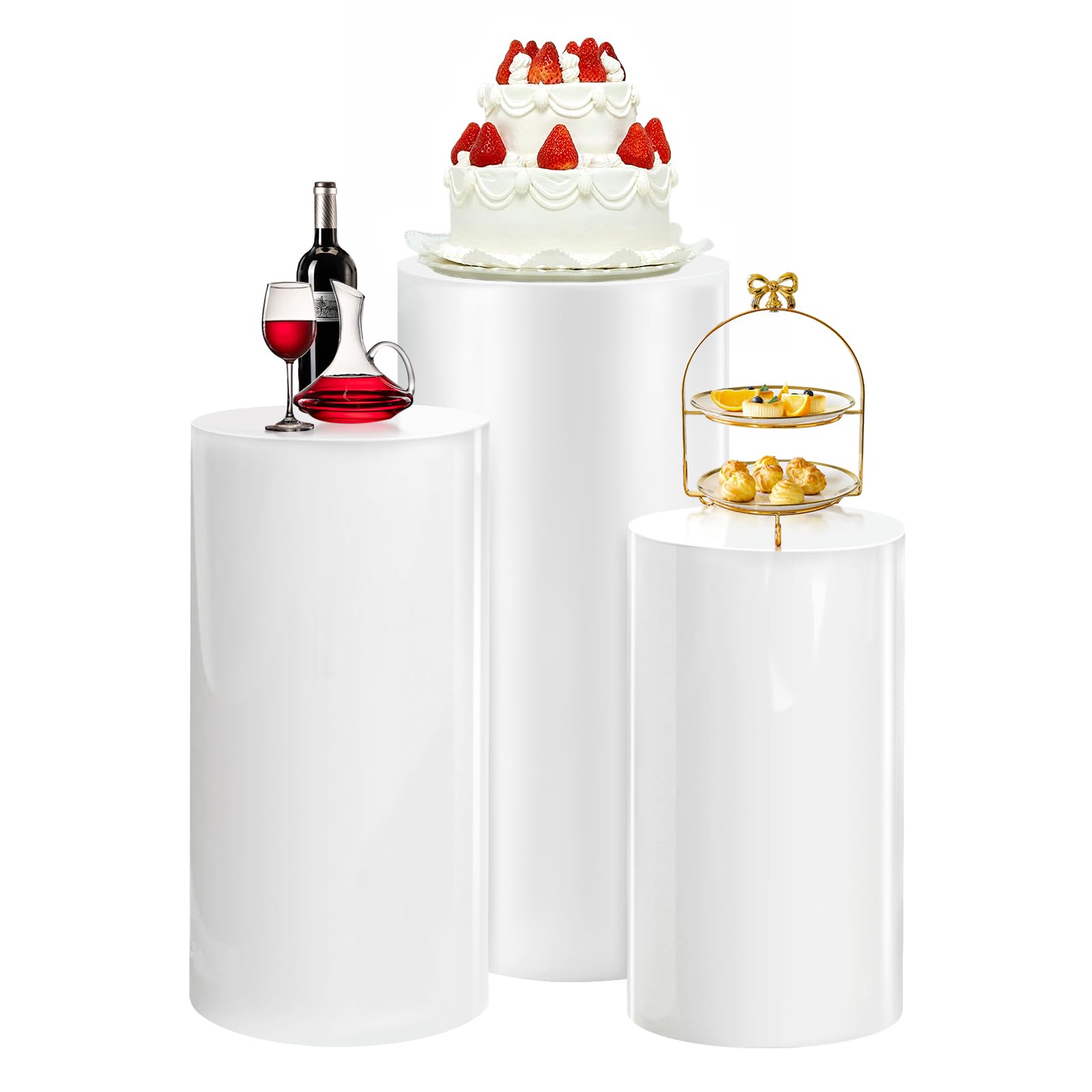 Jinrrenyi3-Piece White Cylinder Pedestal Stand Set - Elegant Round Display Plinths for Weddings and Party Decor (23.6" L, 21.6" M, 19.7" S)