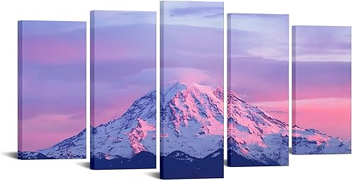 LevvArts - Lienzo grande impreso para pared, puesta de sol rosa en el monte Rainier, gama de cascadas, pinturas de imagen de 5 paneles, impresiones