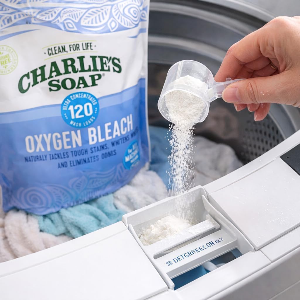 Charlie’s Soap Laundry Essentials Variety Pack – Oxygen Bleach (4 lb) + Laundry Powder Detergent (300 Loads) – Natural Laundry Booster for Stains, Odors & Bright Whites – Fragrance Free,