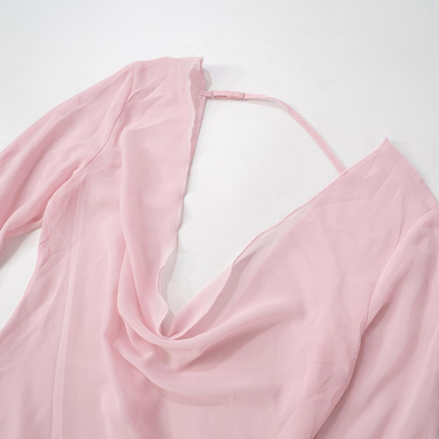 VCM Sheer Mini Dress Sexy Mesh See Through Cover Up Plunge Neck Low Back Dress Long Sleeve Pink Dresses Club Outfits - Image 5