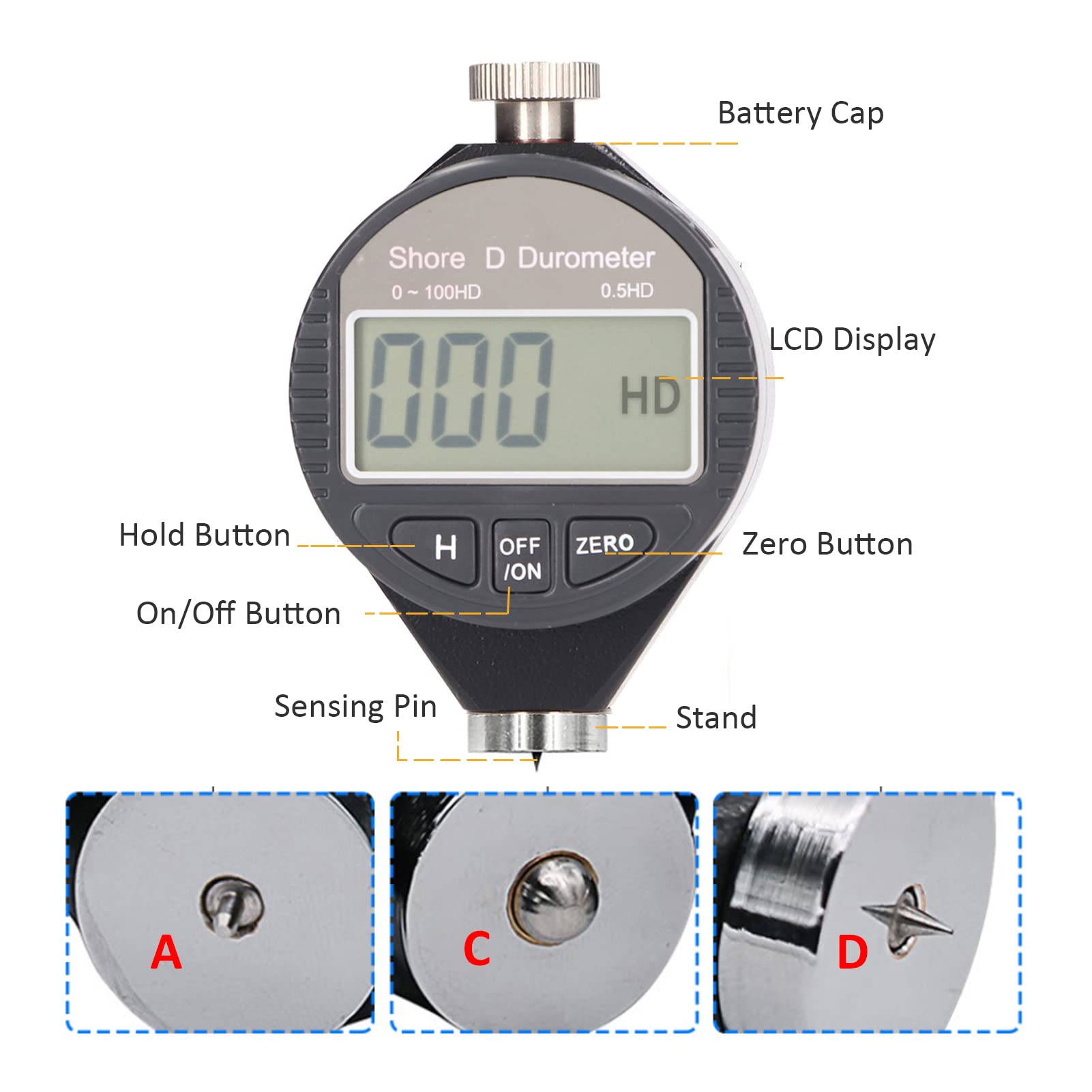 Durometer-Härteprüfer, Shore-Typ A/C/D-Härte Tragbares Digitales Härtemessgerät, 0-100 HA/C/D, für Gummi, Kunststoff, Reifen Usw(Shore D)