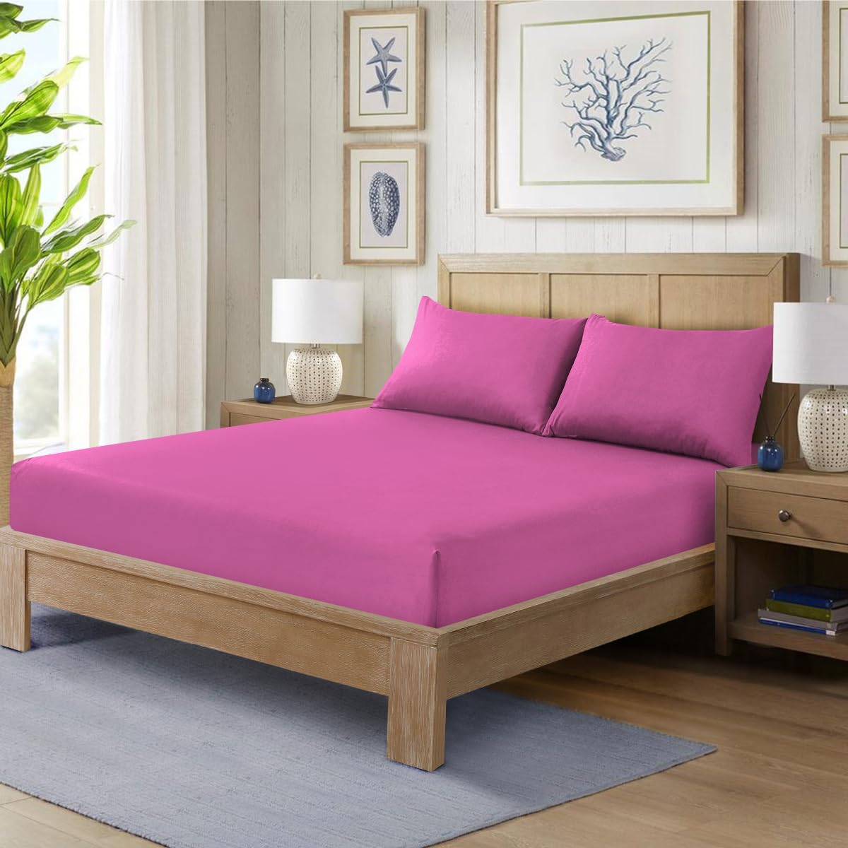 HADI LONDON Polycotton Fitted Sheets for Single Double King Super King Size Bed Plain Dyed 25 cm Extra Deep Fitted Sheet Cover with 200 Thread Count and Elasticated Edges (Fuchsia-Pink, King)