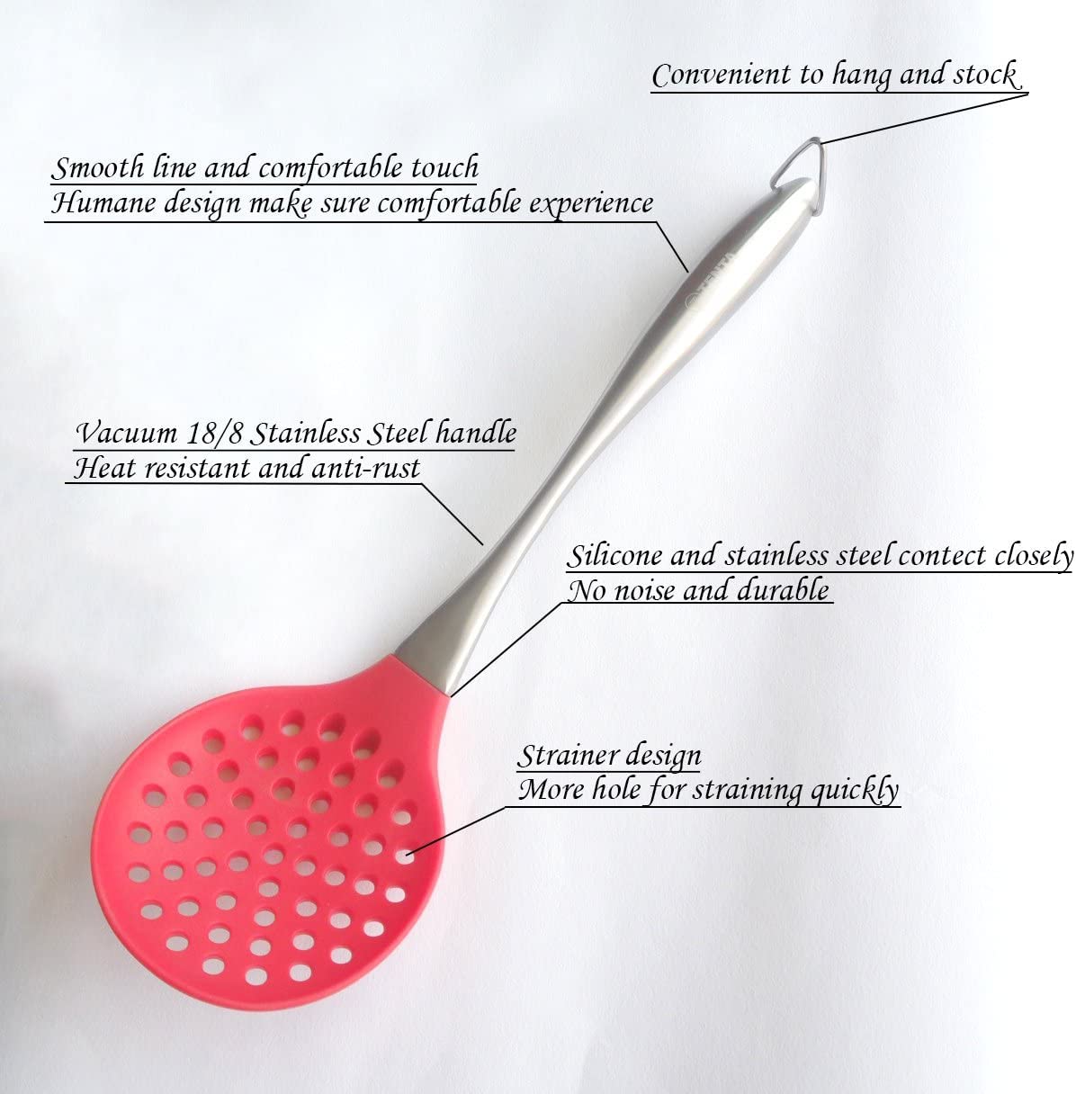 Baskety Premium Silicone Kitchen Utensil Silicone Slotted Skimmer Strainer Spoon with 18/0 Stainless Steel Stay Cool Handle (Red) 2