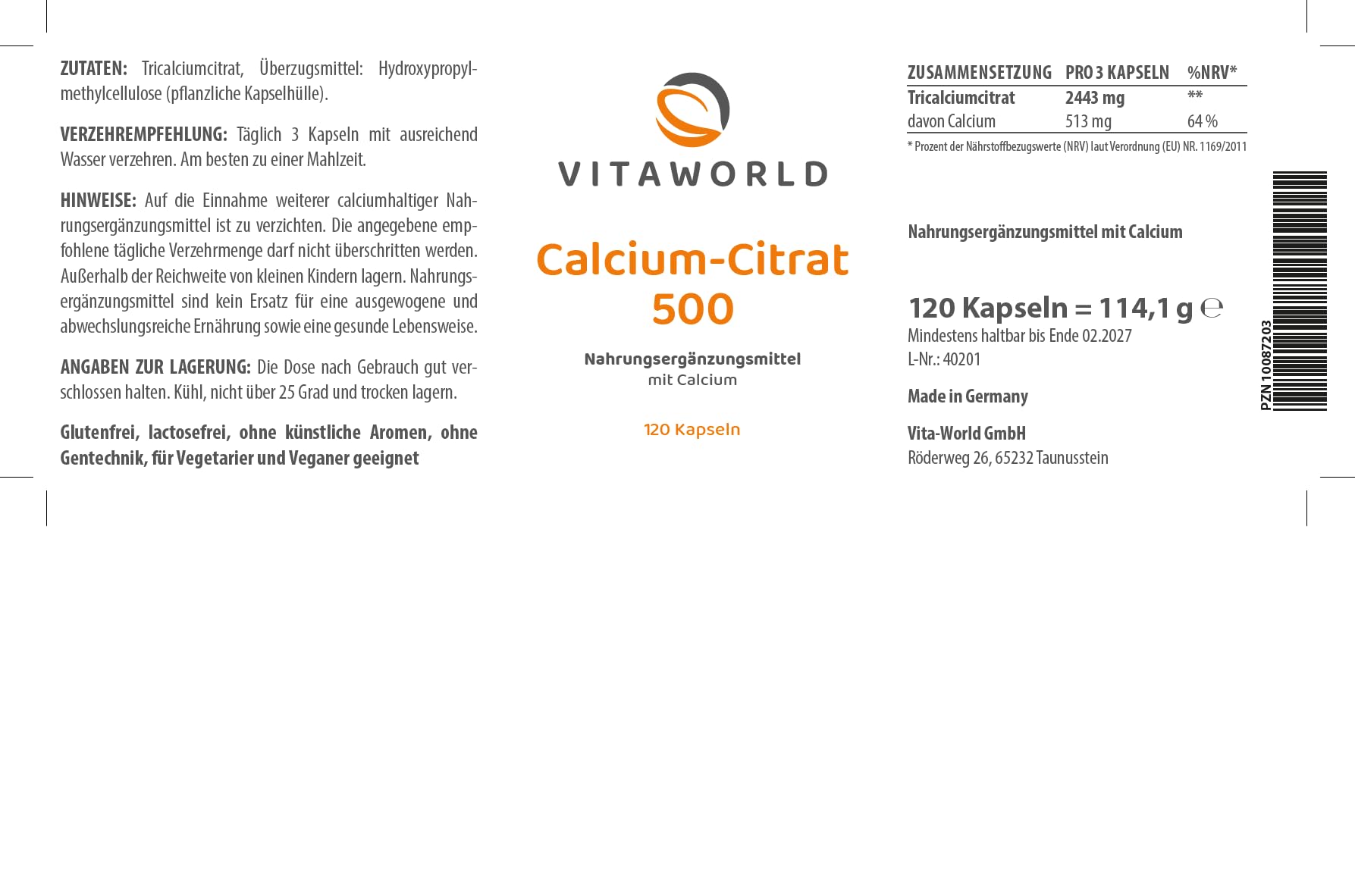 3er Pack Vita World Calciumcitrat 500mg 3 x 120 Kapseln Apotheker-Herstellung Calcium Citrat Vegan