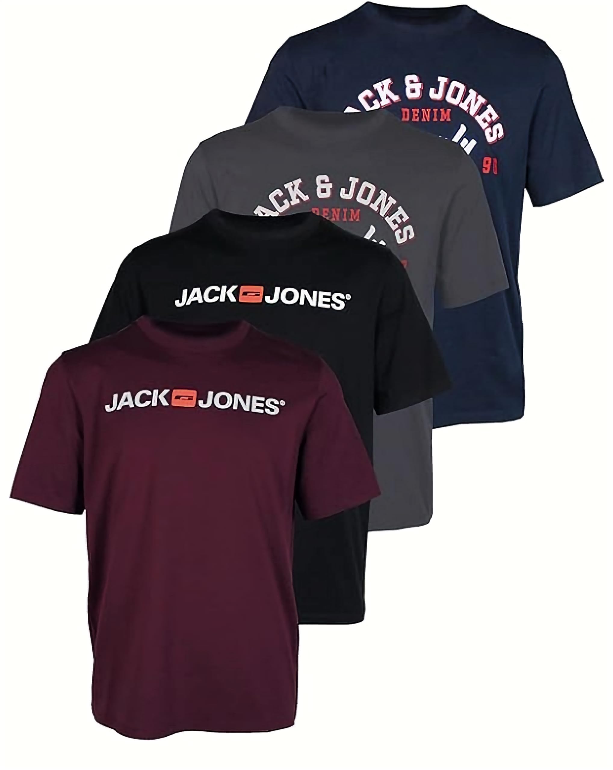 JACK & JONES Pack de 4 camisetas para hombre con estampado de algodón, diferentes logotipos