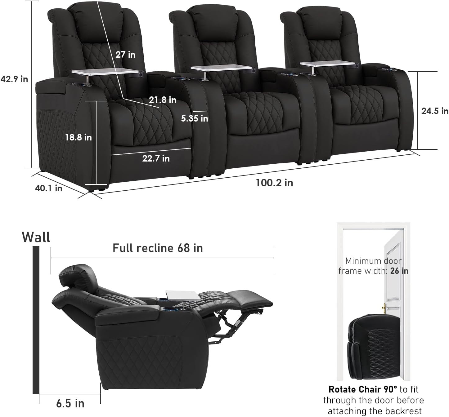 PBRO Home Theater Seating Top Grain Leather, Movie Theater Seats for Home, 3 Set Black Recliner Sofa with Power Reclining & Headrest USB Charging Ports Cup Holder Ambient Lighting