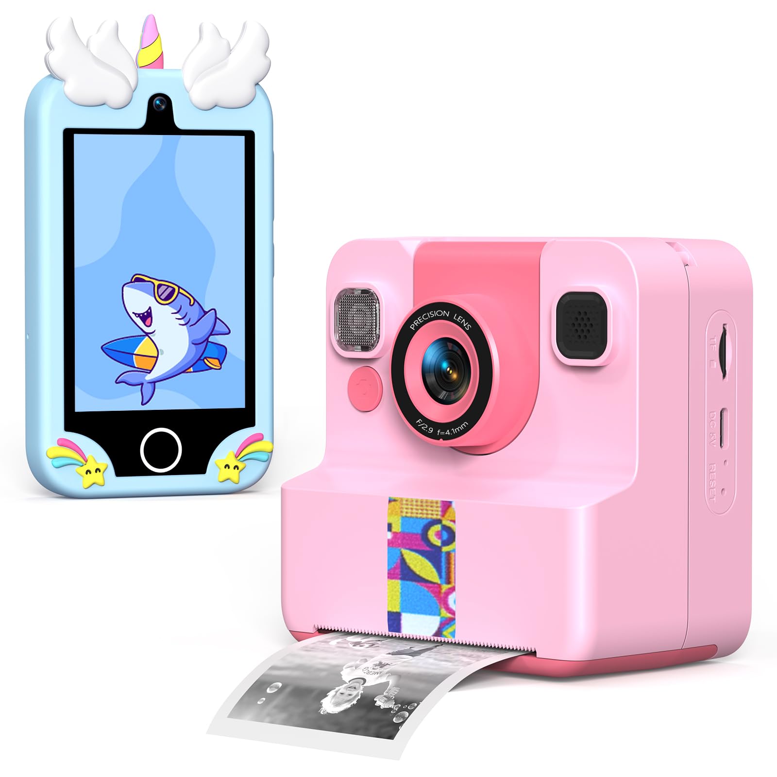 Pink Kids Instant Print Camera + Blue Kids Smart Phone Bundle, 1080P Camera with 32GB &amp; 2 Rolls Paper + 3.5" Touchscreen Phone with Cameras, Learning Games, Music, Gifts for Boys &amp; Girls Ages 3–12