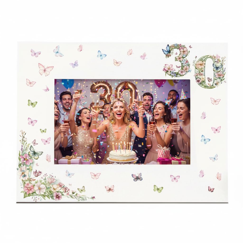 ukgiftstoreonline 30th Birthday Photo Frame for Her, White with Butterflies and Flowers, 6x4 Inch Aperture, Wall Mount or Tabletop Display (Landscape)