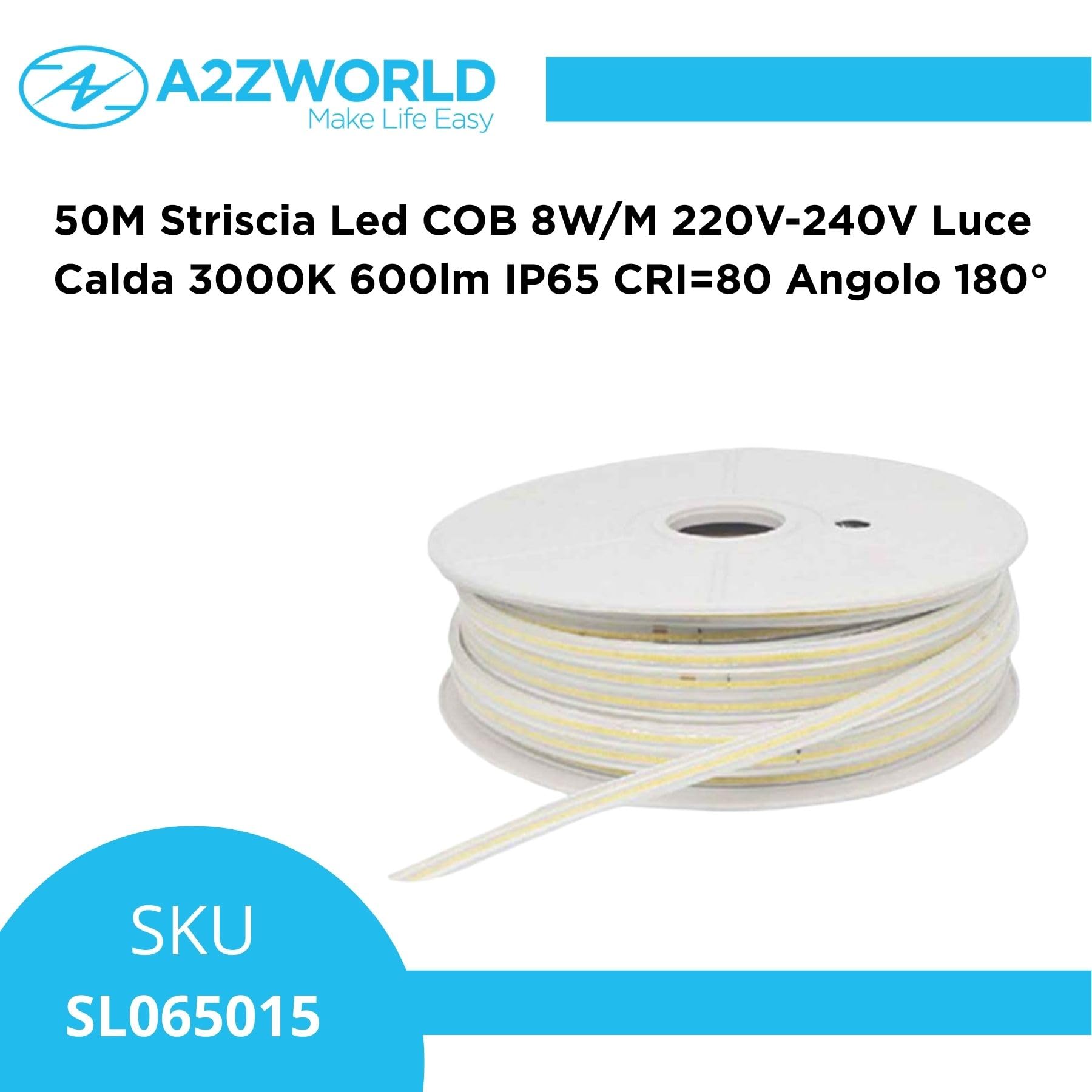 A2ZWORLD Taśma LED COB 220 V 50 m, 8 W/m, 600 lm/m, IP65, możliwość przycięcia co 50 cm, szerokość 12 mm, grubość 6 mm (ciepła biel 3000 K)