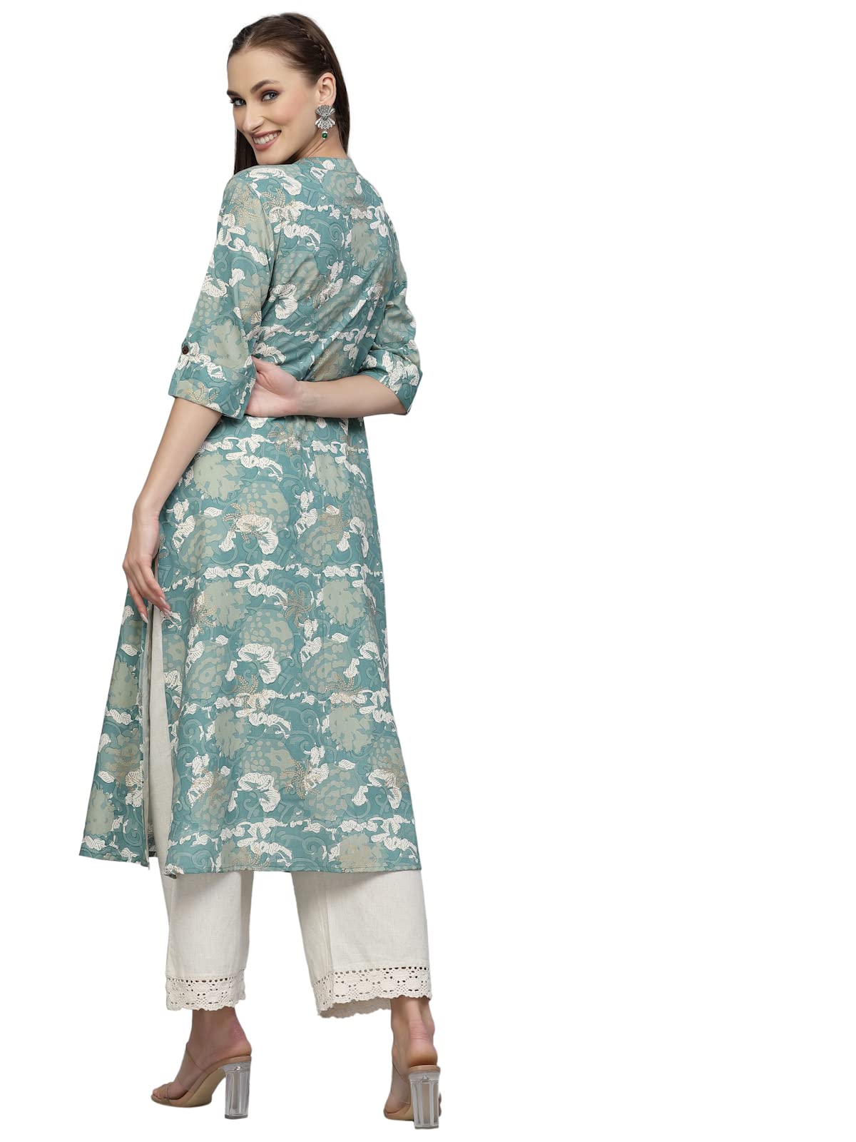 Stylum Women's Printed Rayon A-Line Kurta (Pineshark38_Turquoise, M)