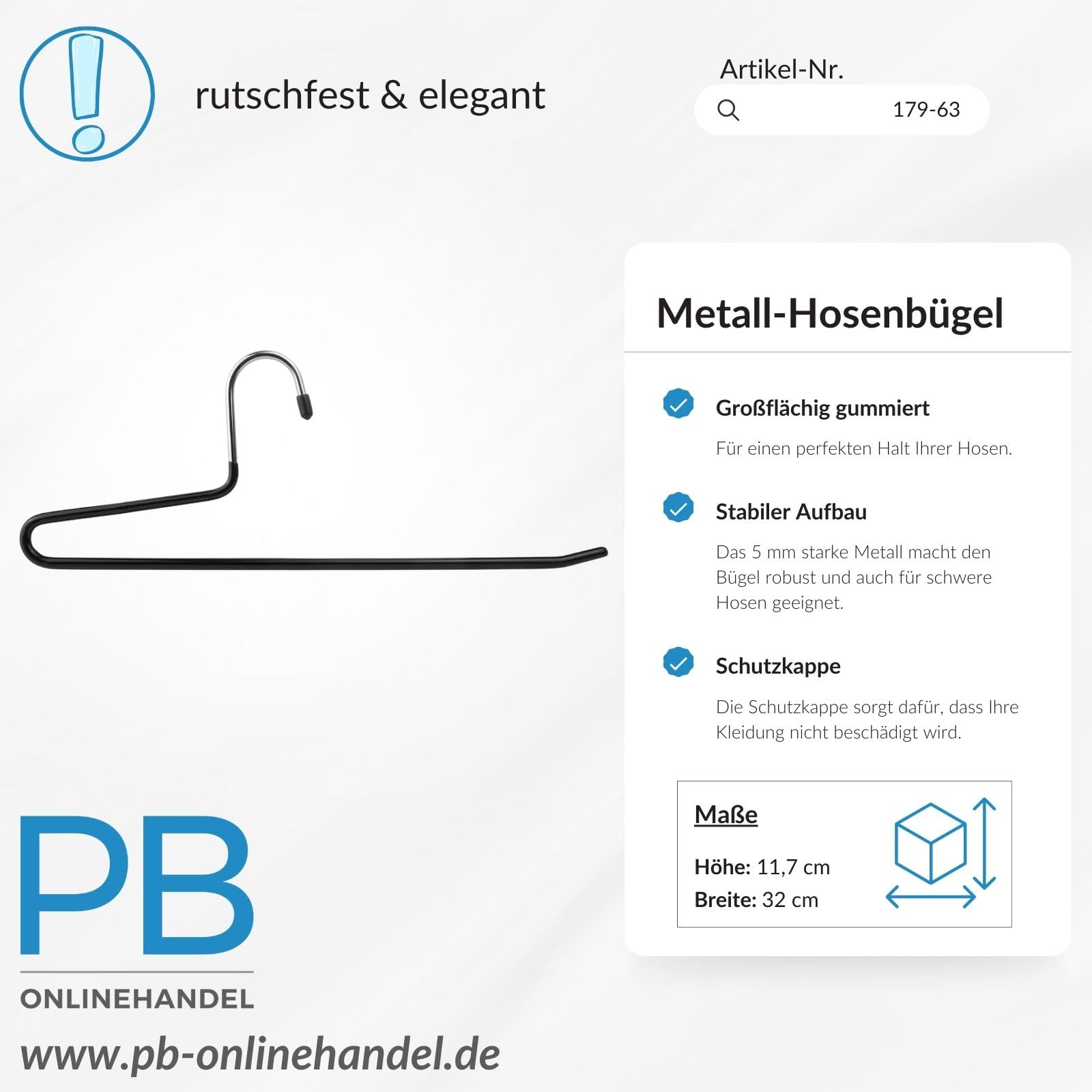 10 Metall-Hosenbügel 32cm rutschfest schwarz HB 132-10 Stück | PB-Onlinehandel