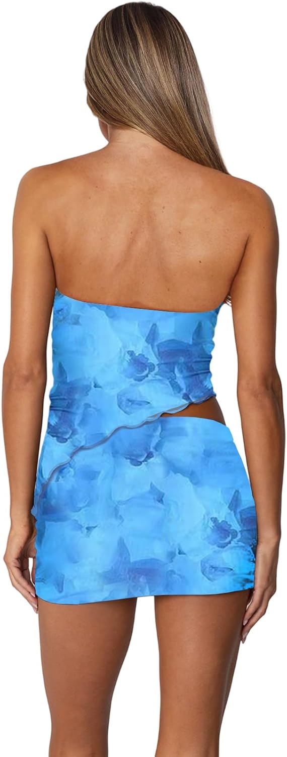 Two Piece Skirt Set for Women Summer Asymmetrical Mesh Strapless Tube Tops Mini Skirt Set Going Out Outfits - Image 3