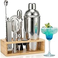 Lagarto Mixology Bartender Kit with Wooden Stand - 10-Piece Stainless Steel Cocktail Shaker Set for Home Bar Tools