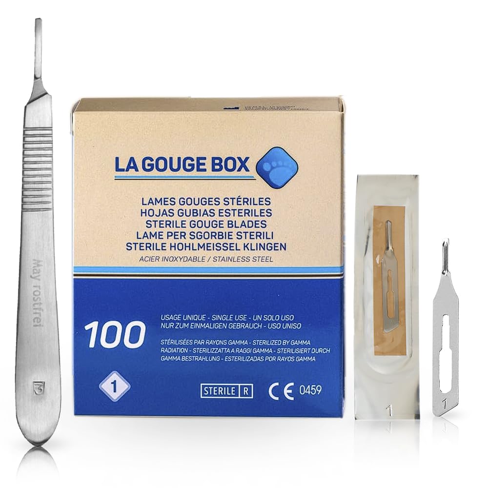 May Set Lames de Gouge pour Podologie & Pédicure | 100x Lames stériles Fig 1 en Acier Carbone + Manche de Scalpel N°3 en Inox | Instruments professionnels pour cors et callosités