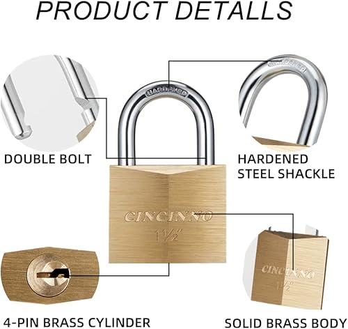 Miniatura 4 de Candado de latón macizo con llave, cerradura de llave con cuerpo ancho de 1-916 pulgadas, paquete de 2 candados con llave igual con llave
