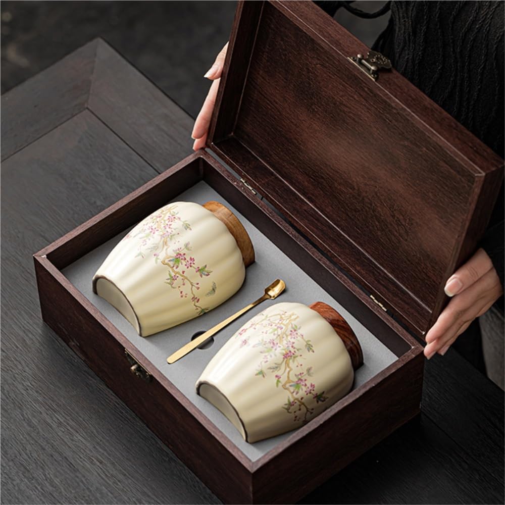 Lata de té Recipiente de cerámica for almacenar té Suelto, Tarro Grande Sellado for el hogar, Juego Chino, Caja Regalo con Doble Carrito de té